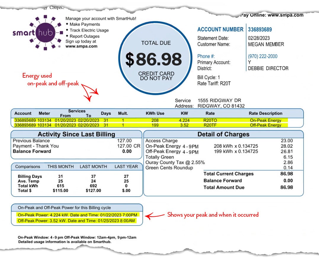Mock bill showing on and off-peak power