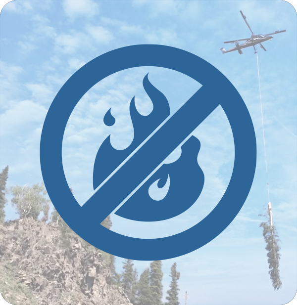 Wildfire icon over an image of helicopter tree removal operations.