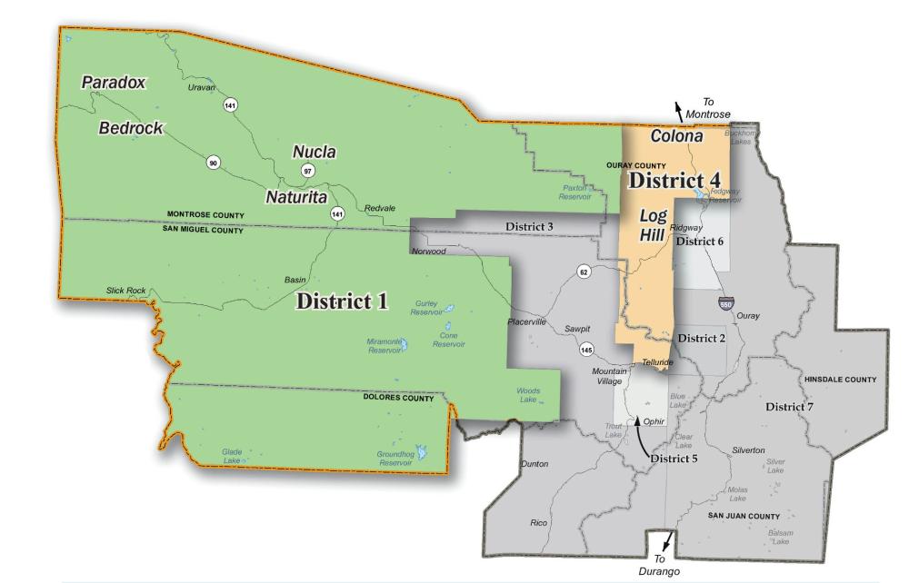 District #1 and District #4 highlighted on a map of the SMPA service territory