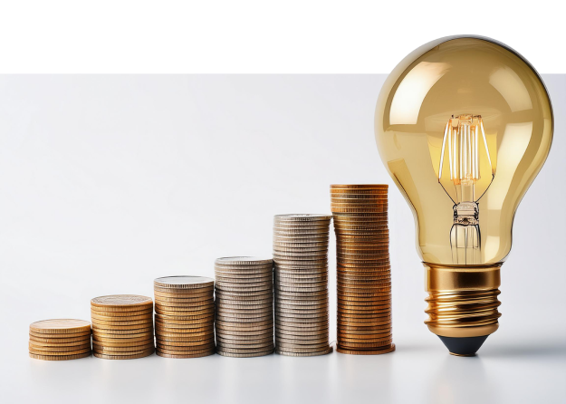 increasing stacks of coins leading to a light bulb