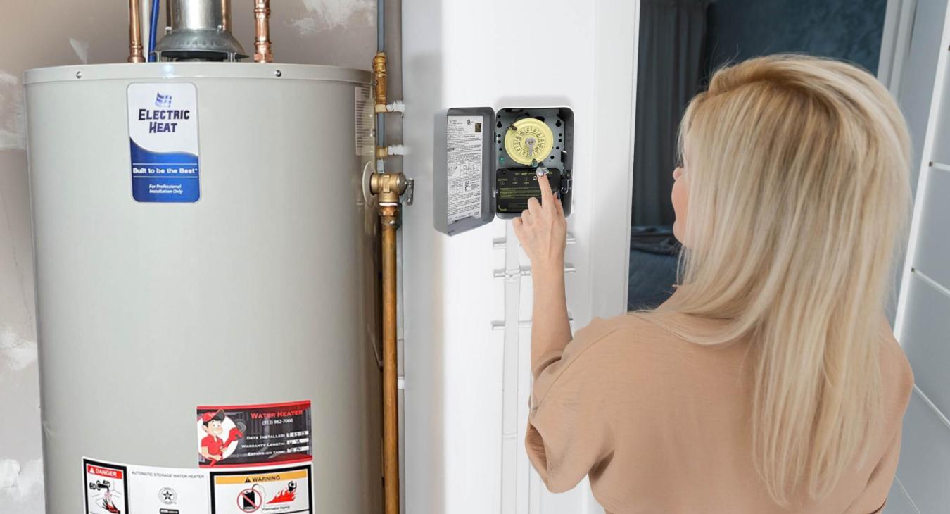 Lady adjusting her water heater timer to use only off-peak energy 